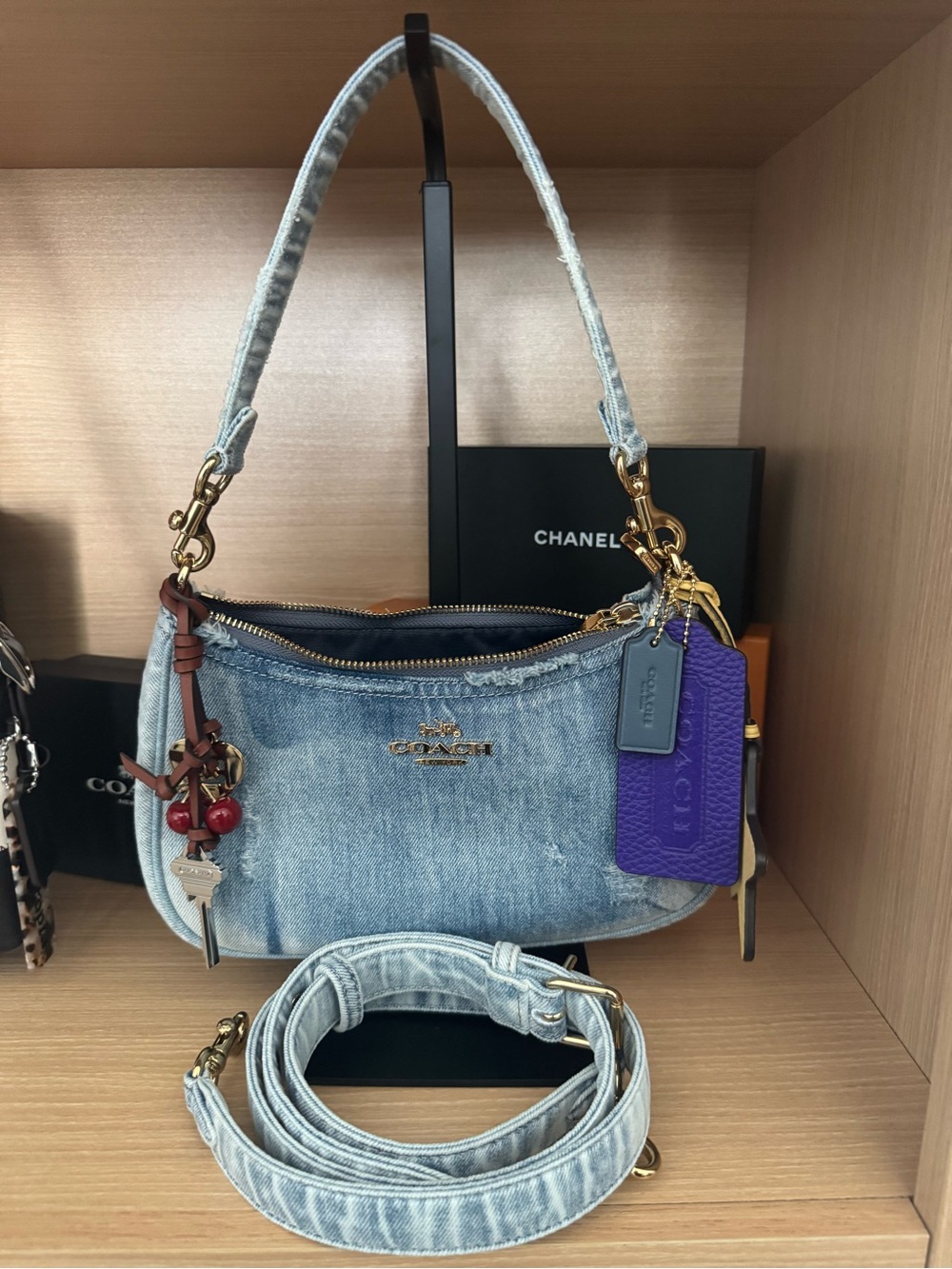 Coach Light Blue Denim Mini Shoulder Bag with Purple Tag